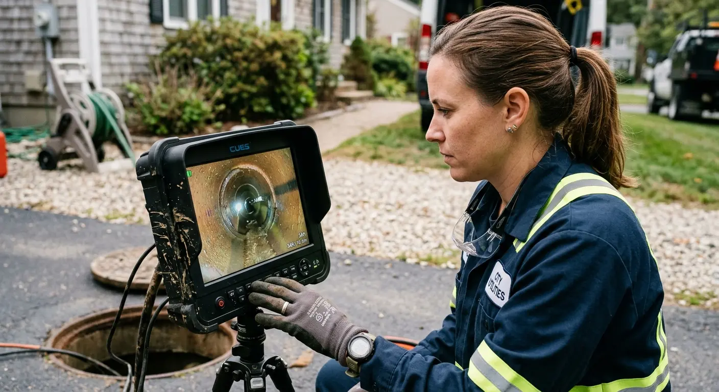 Technician reviewing sewer camera inspection footage in Saugerties