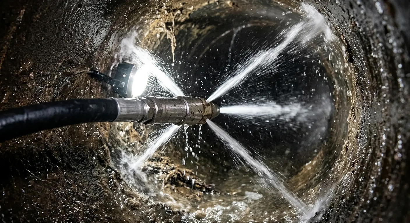 High-pressure hydro jetting nozzle cleaning sewer pipe for Trenchless Sewer Repair in Saugerties