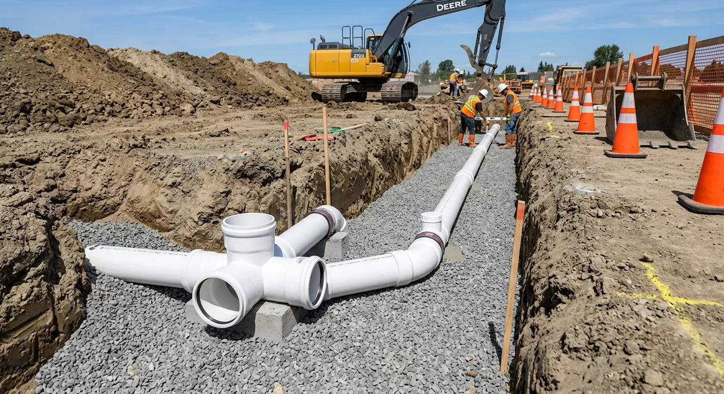 New PVC sewer pipe installation in open trench for Commercial Drain Cleaning in Saugerties