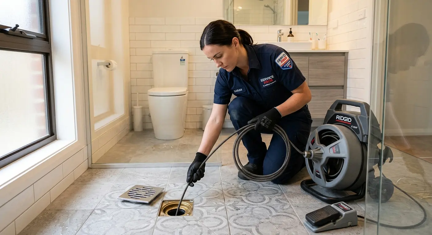 Technician clearing a bathroom floor drain for Clogged Drain Repair in Saugerties